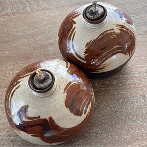 Vintage Boho Set of Two Round Pottery Oil Lamps